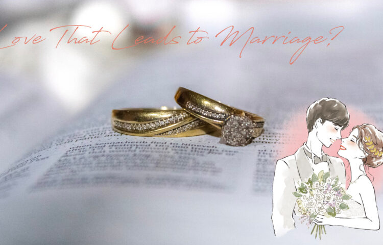 結婚を意識したカップルのイラストと、結婚指輪が置かれた聖書の写真