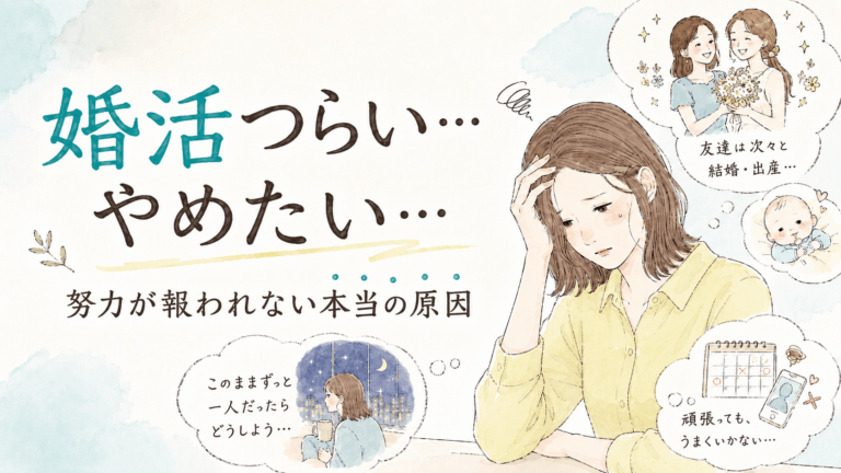 婚活がつらいと悩んでいる女性のイラスト
