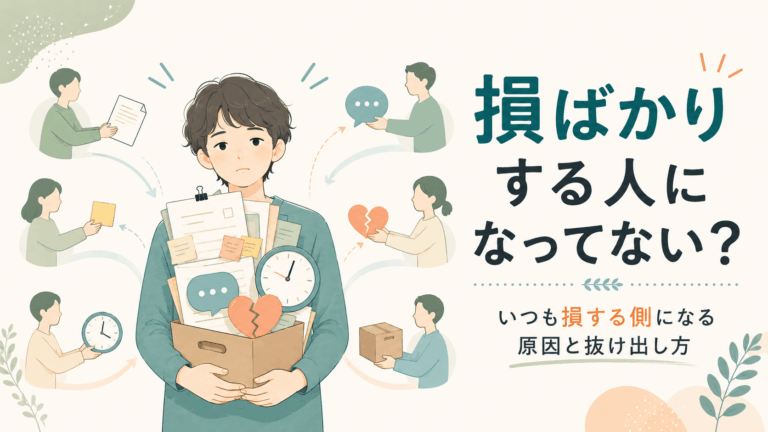 損ばかりする人の特徴を描いたアイキャッチ。中央の人物に周りから複数の人物がニーズを投げている。