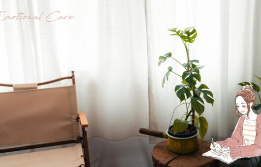 やわらかな光の部屋と植物、静かに日記を書く女性のイラストが自分の孤独感と向き合う様子を表している。