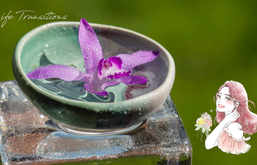 透明感のある器に浮かぶ蘭の花と女性のイラスト。人生の変化や内なる芽生えを象徴した静謐なイメージ。