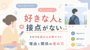 好きな人と接点がない恋愛をテーマにしたフラットイラスト。スマホを見つめる女性とSNS上の男性のプロフィール画面を配置し、「SNSで見かけるだけ」「話したことがない」という距離感を表現。