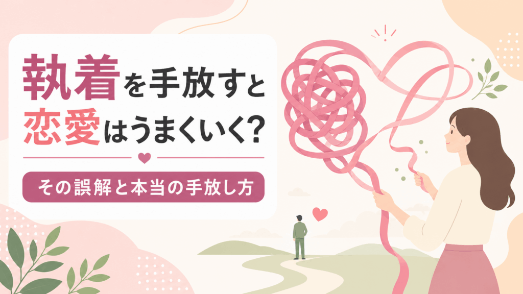 執着を手放すと恋愛はうまくいくのか？についての解説記事アイキャッチ。女性が絡まったリボンで作られたハートを解こうとしている