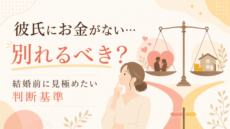 彼氏にお金がないことに悩む女性が、愛とお金のバランスを示す天秤を見つめながら「別れるべき？ 結婚前に見極めたい判断基準」というテーマを考えているアイキャッチ画像
