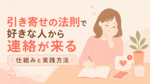 引き寄せの法則で好きな人から連絡が来る仕組みと実践方法を解説する記事のアイキャッチ。ノートに向かう女性とスマホの通知をパステル調のフラットイラストで表現。