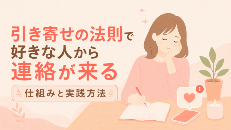 引き寄せの法則で好きな人から連絡が来る仕組みと実践方法を解説する記事のアイキャッチ。ノートに向かう女性とスマホの通知をパステル調のフラットイラストで表現。