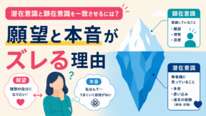 潜在意識と顕在意識のズレを、氷山と考え込む女性で表したフラットデザインのアイキャッチ画像。