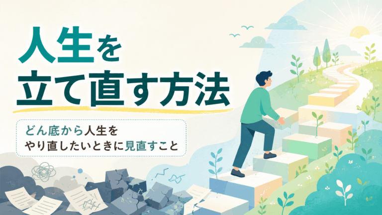 人生を立て直す方法をテーマに、崩れた足場から明るい道へ進む人物を描いたアイキャッチ画像